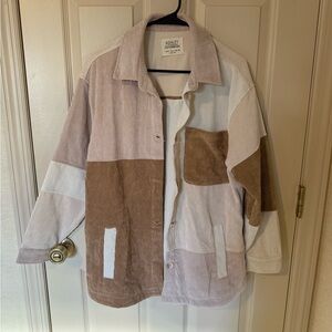 Women's Corduroy Patchwork Jacket - Brown, Pink and White Tones